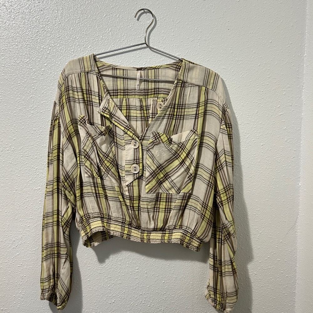 free people cream green cropped plaid top